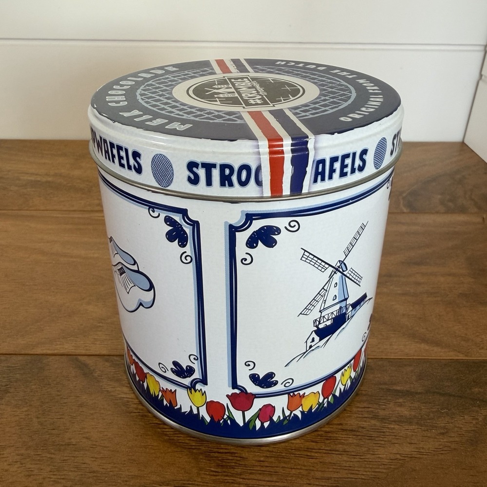 Stroopwafels Crumble Blue White Dutch Cookie Tea Tin Box Empty Movie Prop Decor
